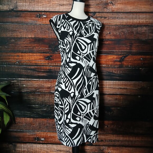 Cache Dress Size 8 White Black Leaf Sheath Cap Sleeve Lined Stretch Made In USA - Picture 4 of 8